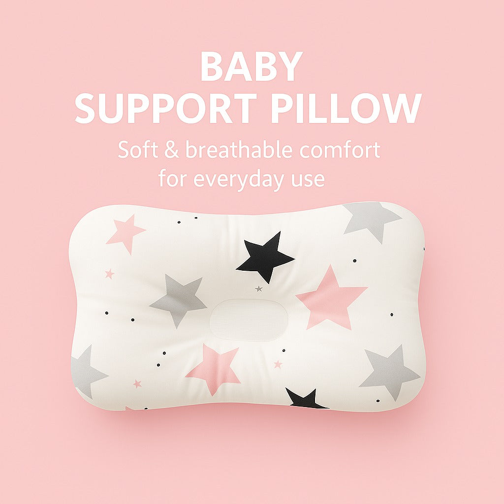 Baby support pillow with star pattern and the text 'BABY SUPPORT PILLOW – Soft & breathable comfort for everyday use' on a pastel pink background