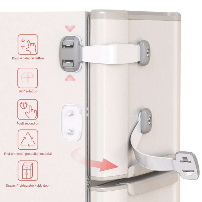 Illustration showing how child safety straps work on drawers and refrigerators with icons and features