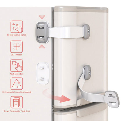 Illustration showing how child safety straps work on drawers and refrigerators with icons and features
