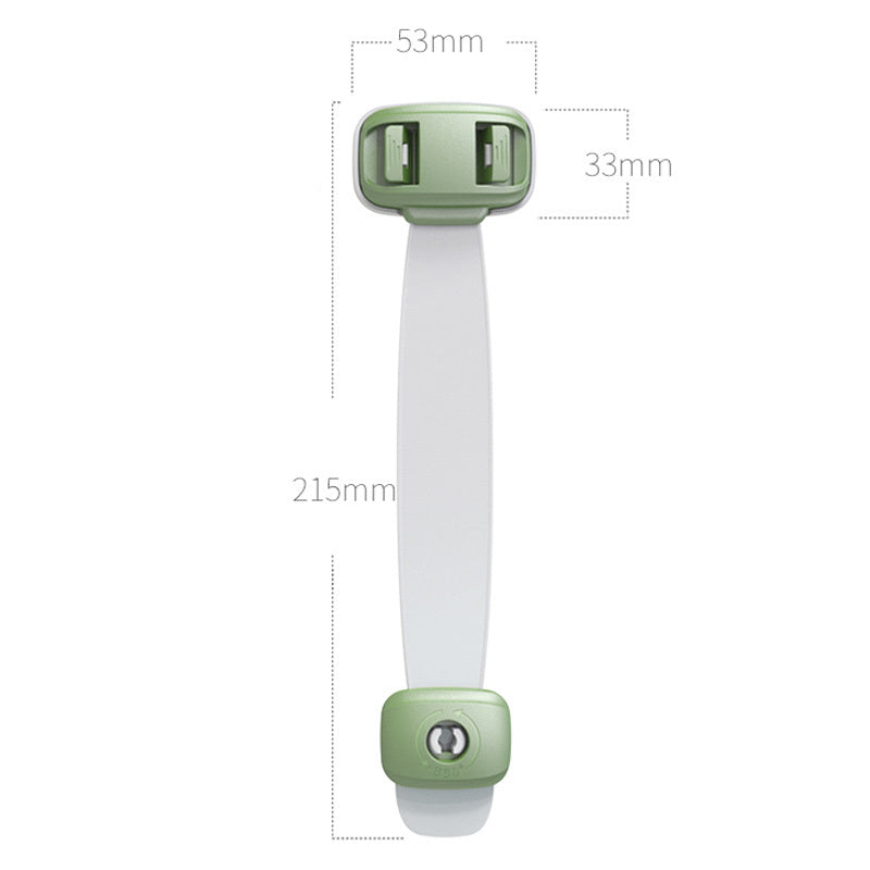 Green child safety strap with dimensions labeled – 215mm length, 53mm x 33mm head