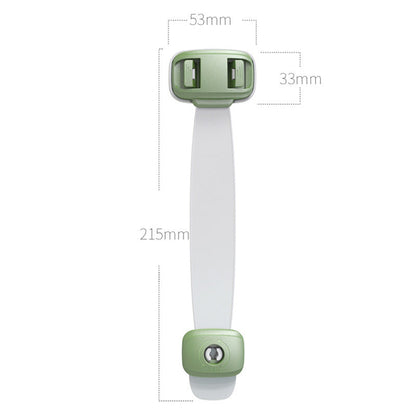Green child safety strap with dimensions labeled – 215mm length, 53mm x 33mm head