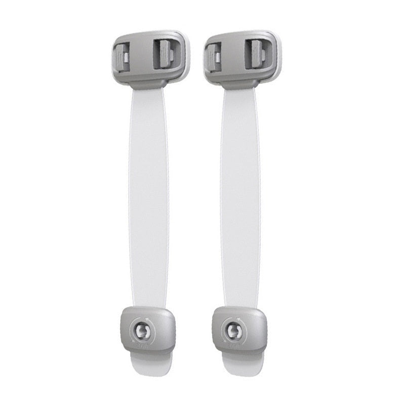 Two gray child safety straps with adjustable length and locking mechanism