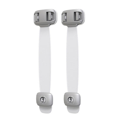 Two gray child safety straps with adjustable length and locking mechanism