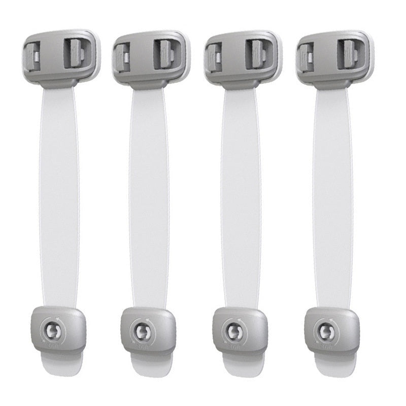 Four gray child safety straps with adjustable white bands, designed to secure cabinets or drawers and prevent toddler access.