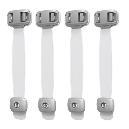 Four gray child safety straps with adjustable white bands, designed to secure cabinets or drawers and prevent toddler access.