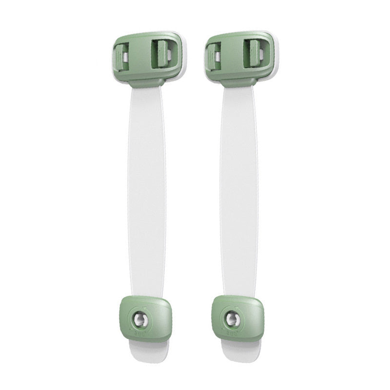 Two green child safety straps for cabinets and drawers