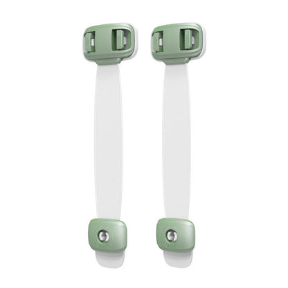 Two green child safety straps for cabinets and drawers