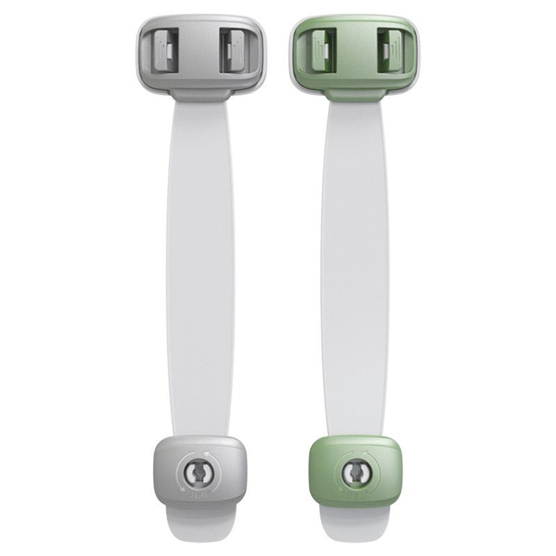 Two child safety straps in gray and green color variations shown side by side