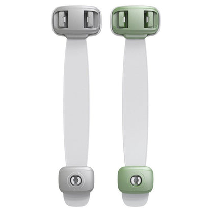 Two child safety straps in gray and green color variations shown side by side