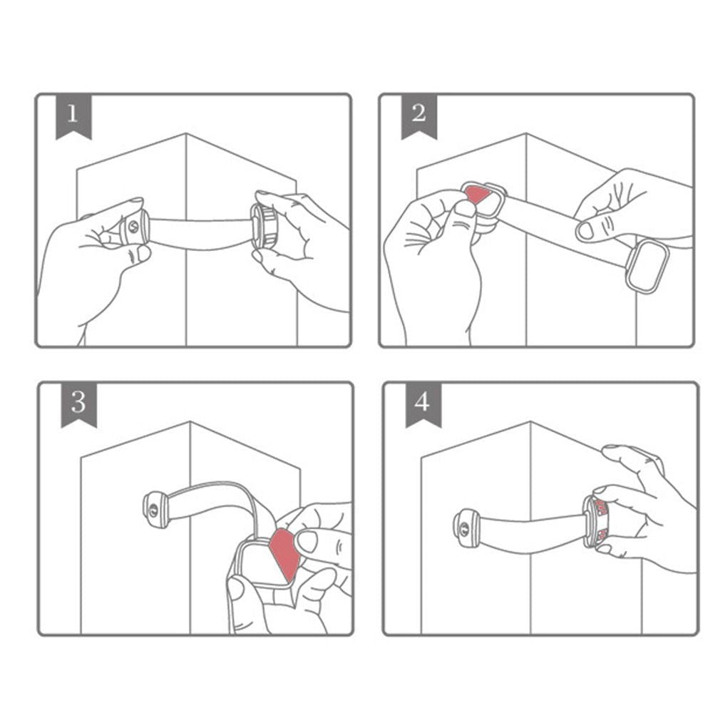Step-by-step illustrated guide for installing child safety straps on furniture or appliances