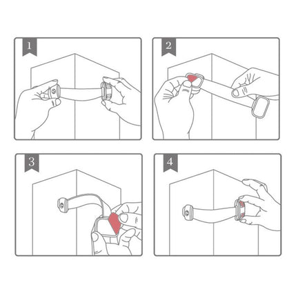 Step-by-step illustrated guide for installing child safety straps on furniture or appliances