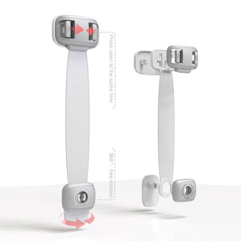 Child safety strap demonstrating 360° rotation and dual-button locking system for secure baby-proofing.