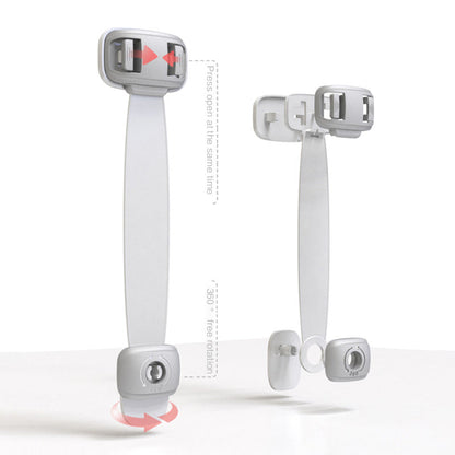 Child safety strap demonstrating 360° rotation and dual-button locking system for secure baby-proofing.
