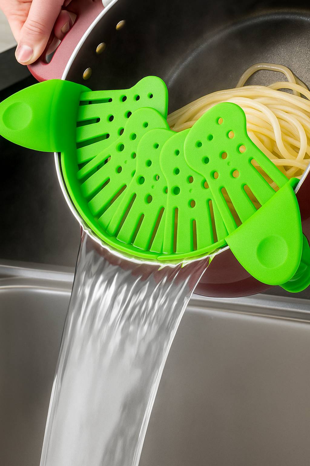 Green clip-on strainer attached to a pot, draining hot water from cooked spaghetti into a sink.