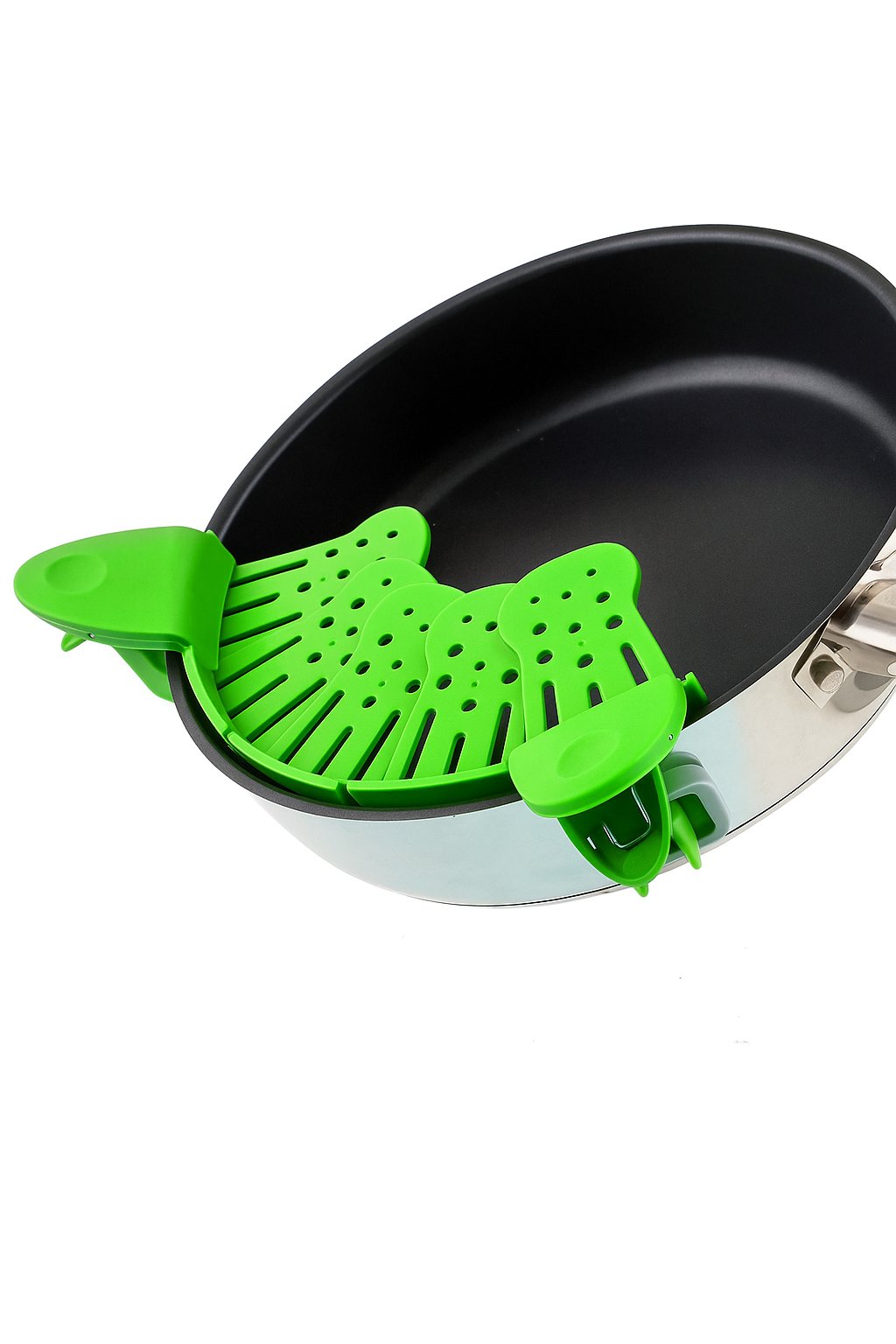 Green clip-on strainer attached to a non-stick frying pan, displayed on a clean white background.