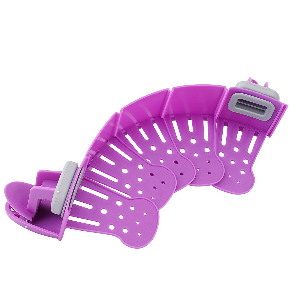 Expanded purple clip-on strainer with detailed view of perforations and attachment clips, displayed on a white background.