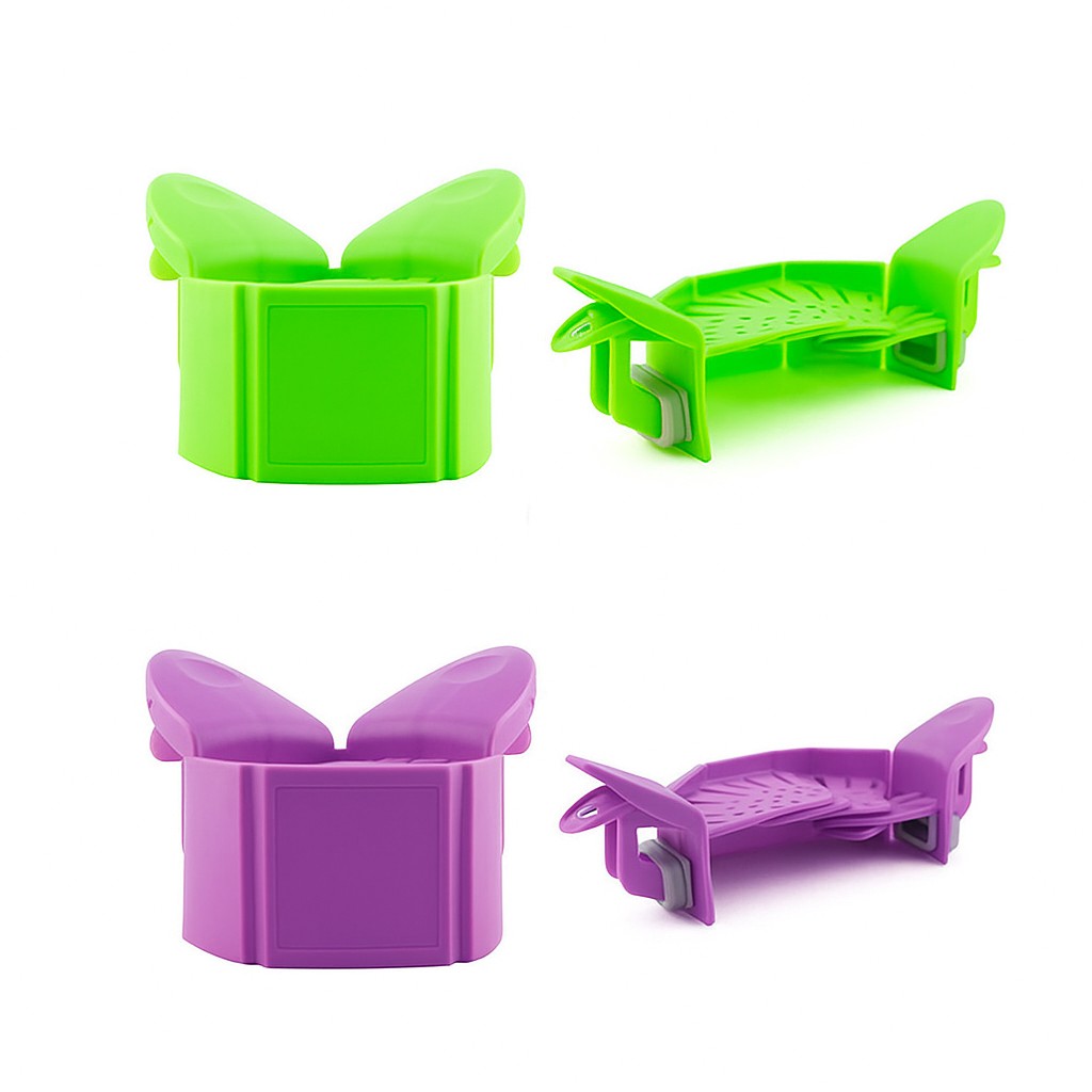 Four views of clip-on strainers in green and purple, showing folded and open positions on a white background.
