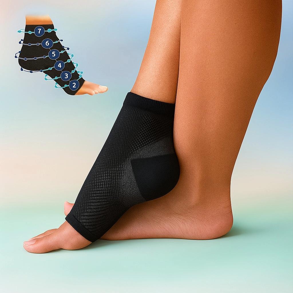 Black compression ankle sleeve worn on foot with diagram showing 7 pressure zones for support
