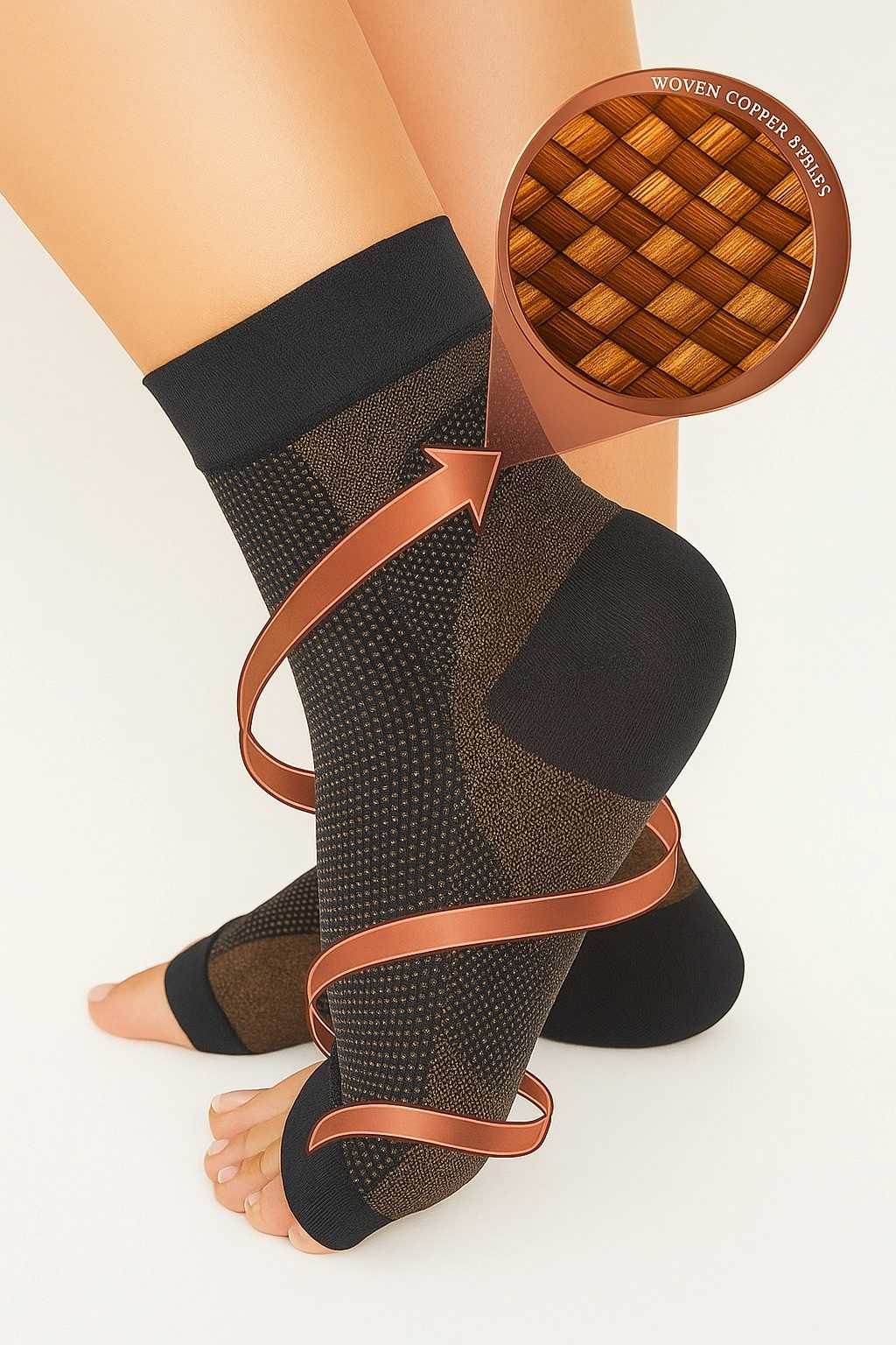 Copper-infused compression socks for ankle and foot support with spiral pressure illustration and woven copper detail