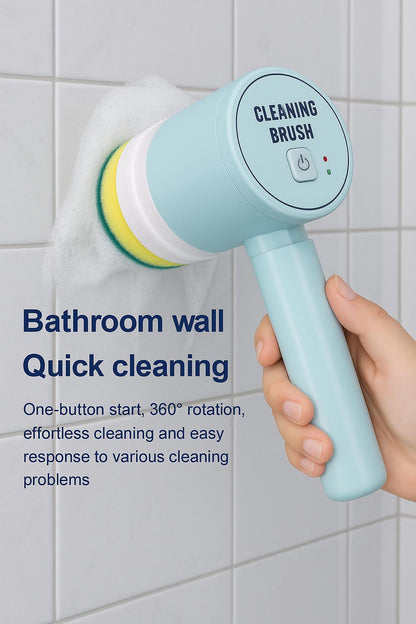Cordless electric cleaning brush used to scrub a bathroom wall tile with foam, showing quick cleaning and 360-degree rotation.