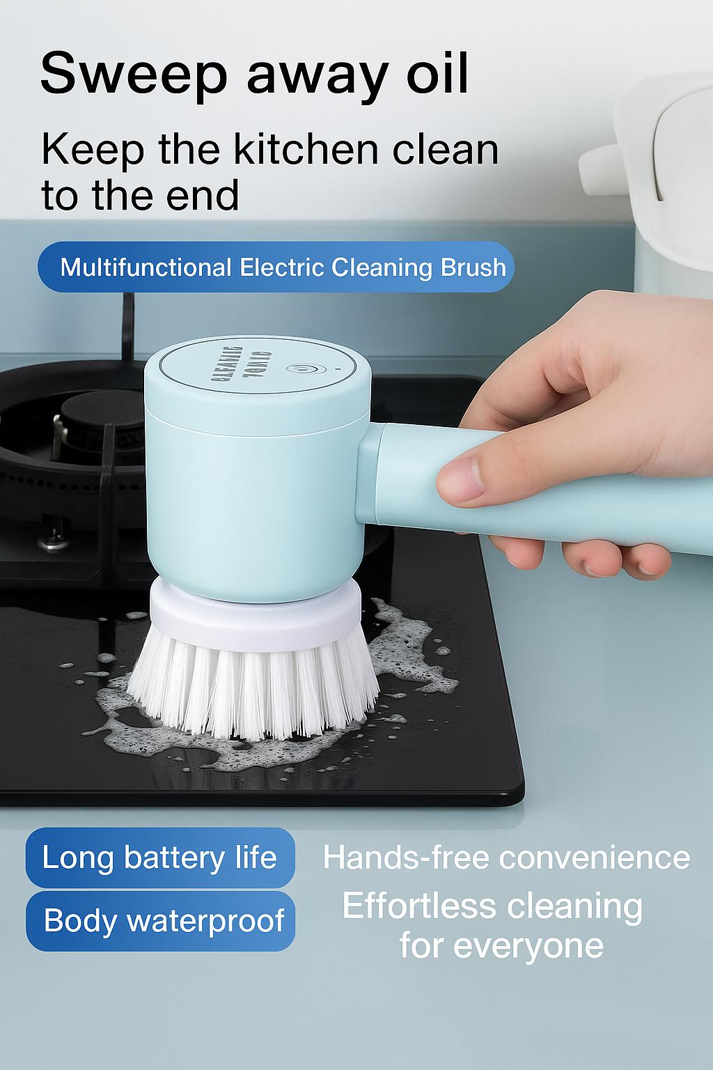Cordless handheld electric cleaning brush used to scrub a kitchen stovetop with soap foam, showing waterproof body and long battery life.