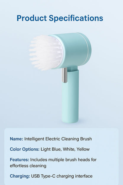 Light blue cordless floor scrubbing brush shown with product specifications, featuring multiple brush heads and USB-C charging.
