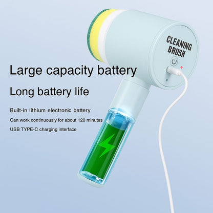 Cordless electric floor scrubbing brush charging via USB-C cable, showing large capacity battery with green power indicator.