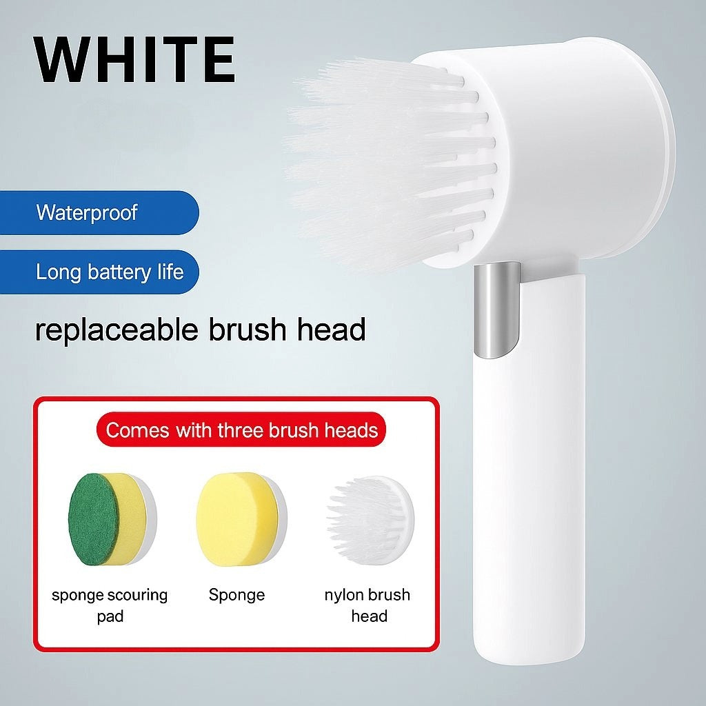 White cordless electric floor scrubbing brush with nylon bristle head, minimal design and ergonomic handle.