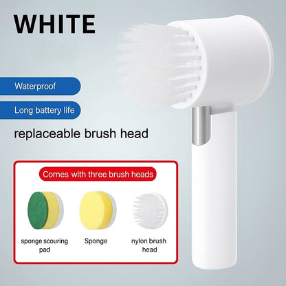 White cordless electric floor scrubbing brush with nylon bristle head, minimal design and ergonomic handle.
