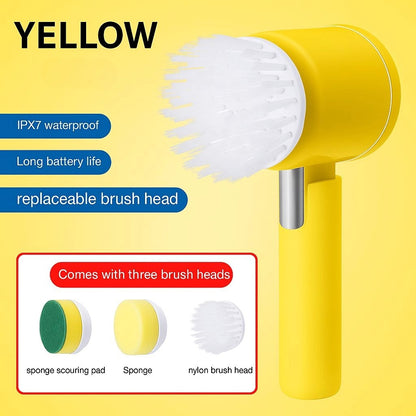 Yellow cordless electric floor scrubbing brush with three replaceable brush heads, waterproof design and long battery life.
