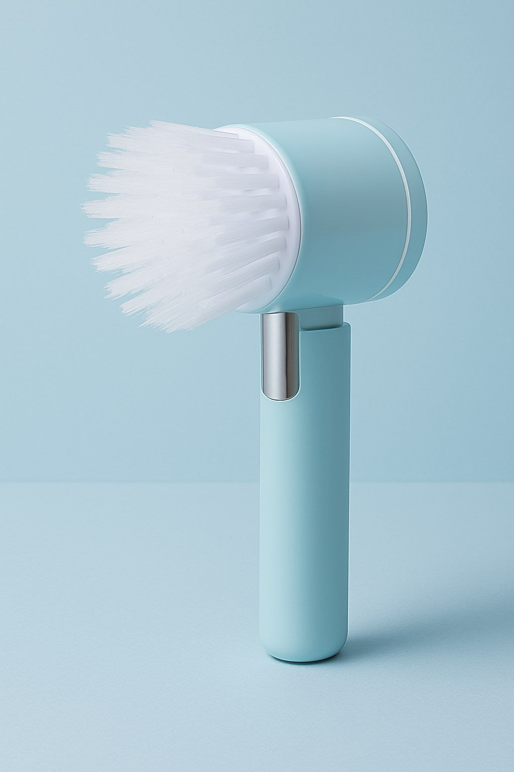 Light blue cordless handheld floor scrubbing brush with nylon bristle head and modern minimalist design.