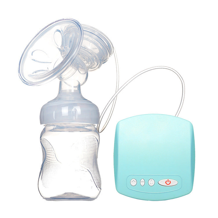 Electric breast pump with green control unit and milk bottle