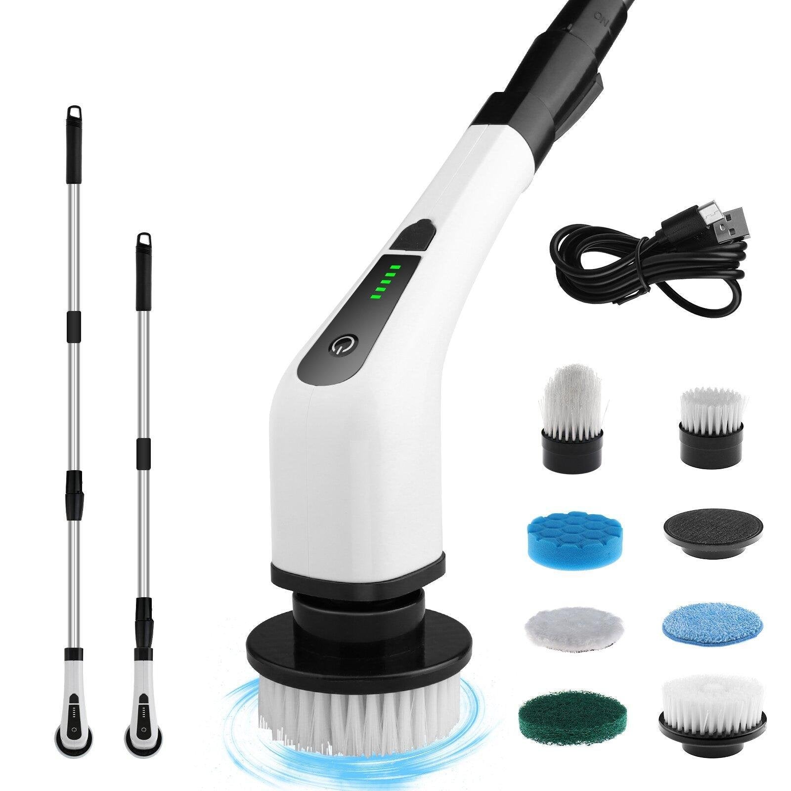 Electric cleaning brush set with extension handles, USB cable, and multiple interchangeable brush heads
