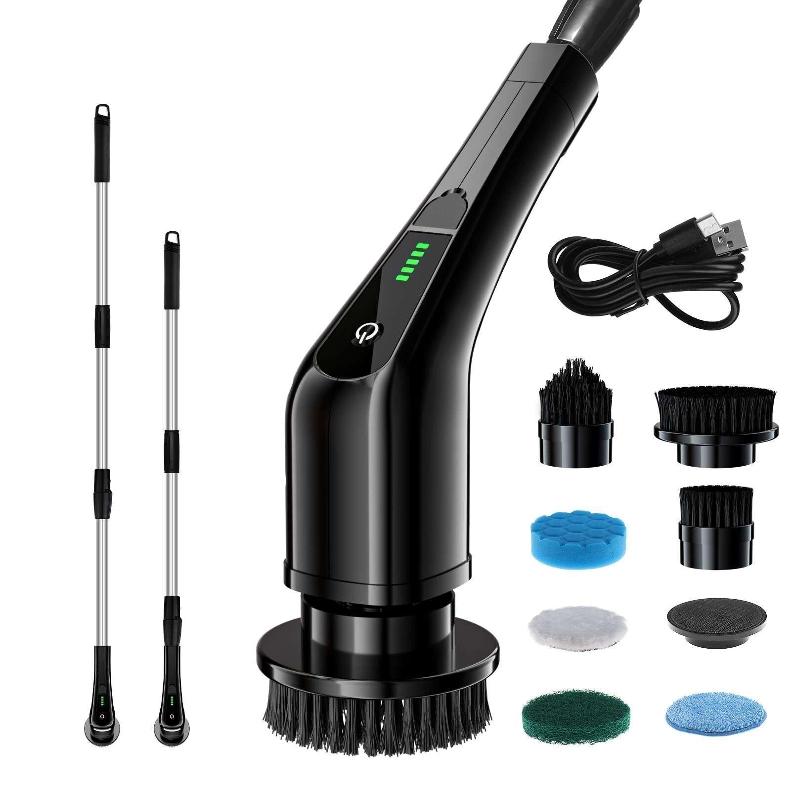 Black version of the electric cleaning brush with long handle, USB cable, and multiple brush head attachments