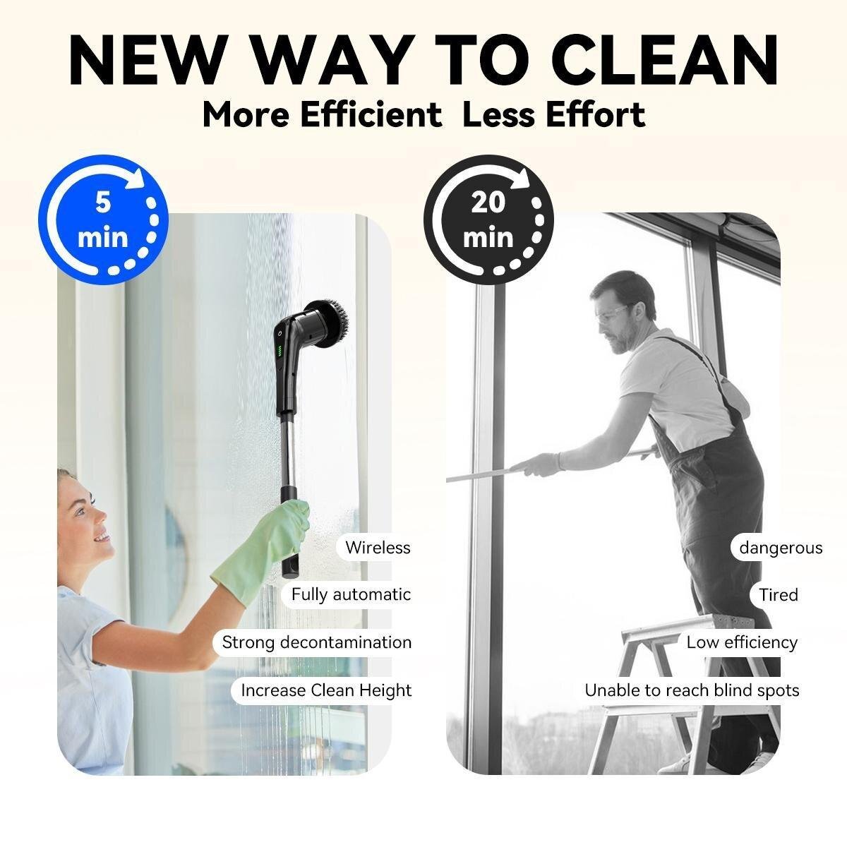 Comparison between electric cleaning brush and manual cleaning method, highlighting speed and efficiency benefits