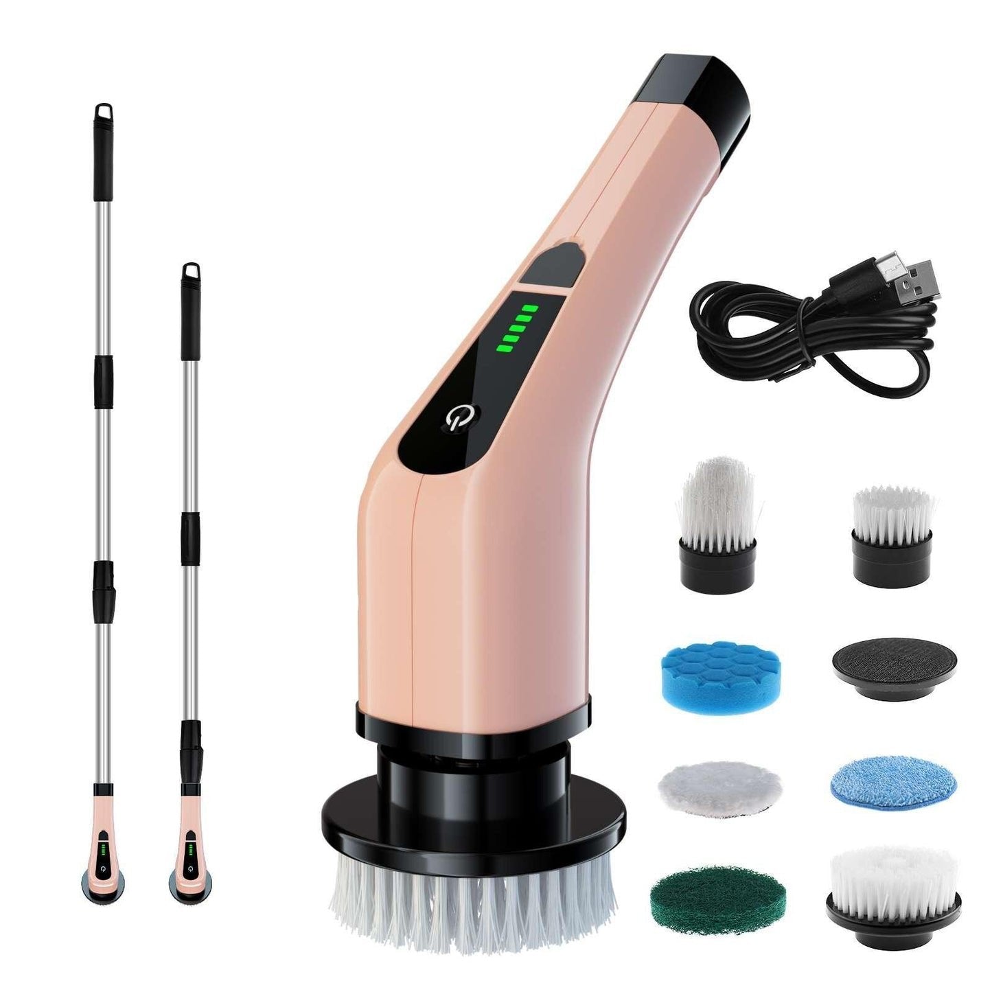 Pink version of the electric cleaning brush with long handle, USB cable, and multiple brush head attachments