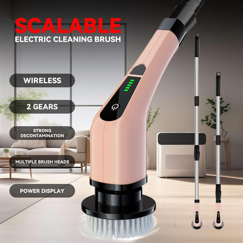 Scalable pink electric cleaning brush displayed in a living room, featuring wireless design, power display, two-speed gears, and multiple brush heads