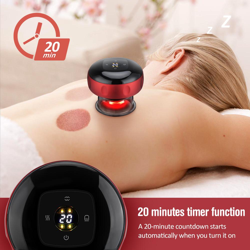 Electric cupping massager on back with 20-minute timer function highlighted and close-up display showing countdown