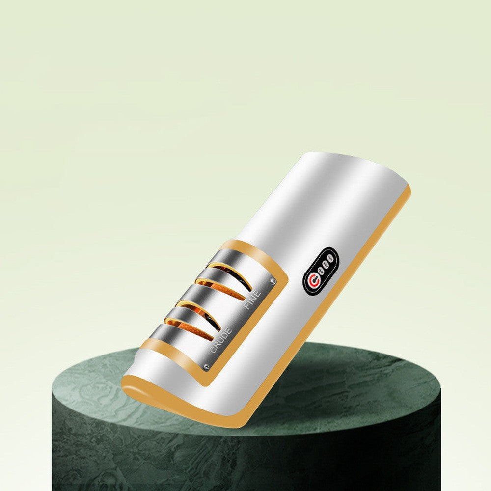 Yellow variant of the electric knife and scissor sharpener on a clean pedestal, showing dual sharpening slots and power button.