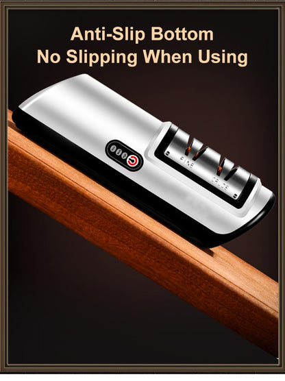 Electric knife sharpener with anti-slip base for safe use on smooth surfaces.