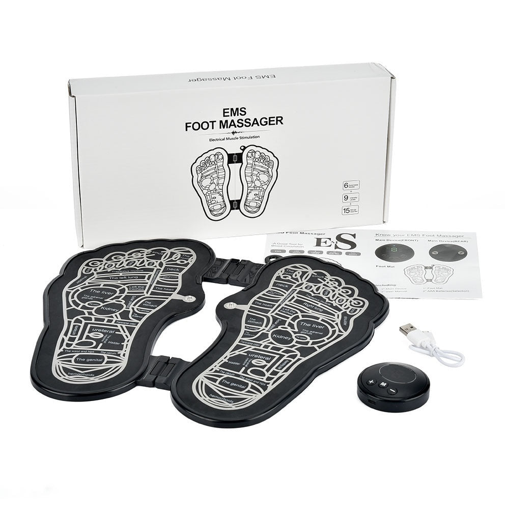 EMS foot massager set with display box, user manual, remote control, and USB cable.