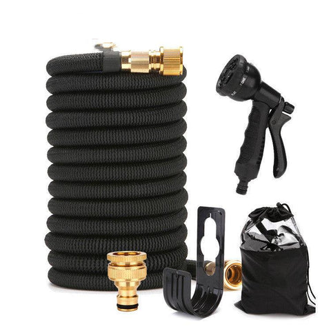 Expandable garden hose full set with spray nozzle, brass fittings, wall hook, and storage bag