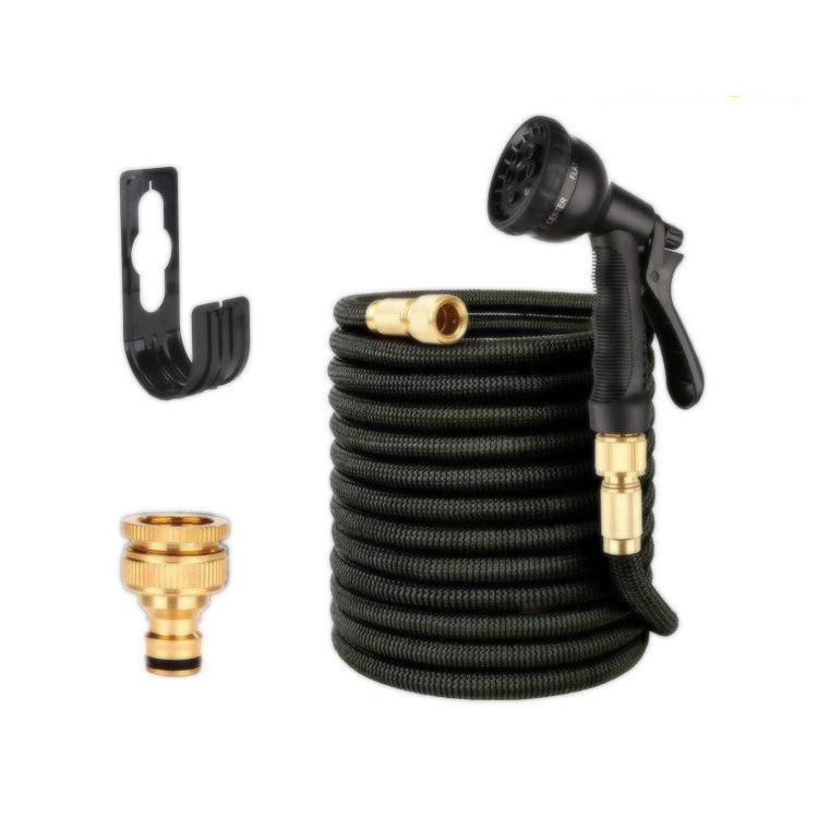Expandable garden hose set with spray nozzle and brass fittings – alternate side view