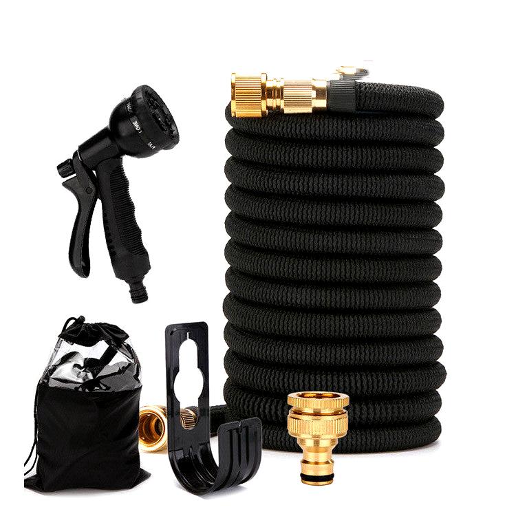 Expandable garden hose set with spray nozzle, wall hook, brass connector, and storage bag