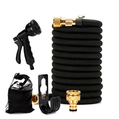 Expandable garden hose set with spray nozzle, wall hook, brass connector, and storage bag