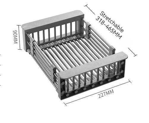 Size chart of the expandable stainless steel sink basket, showing adjustable length from 318mm to 465mm and width of 227mm.