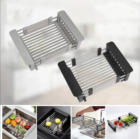 Expandable stainless steel sink drain basket in black and gray, used for washing fruits and vegetables or drying dishes.