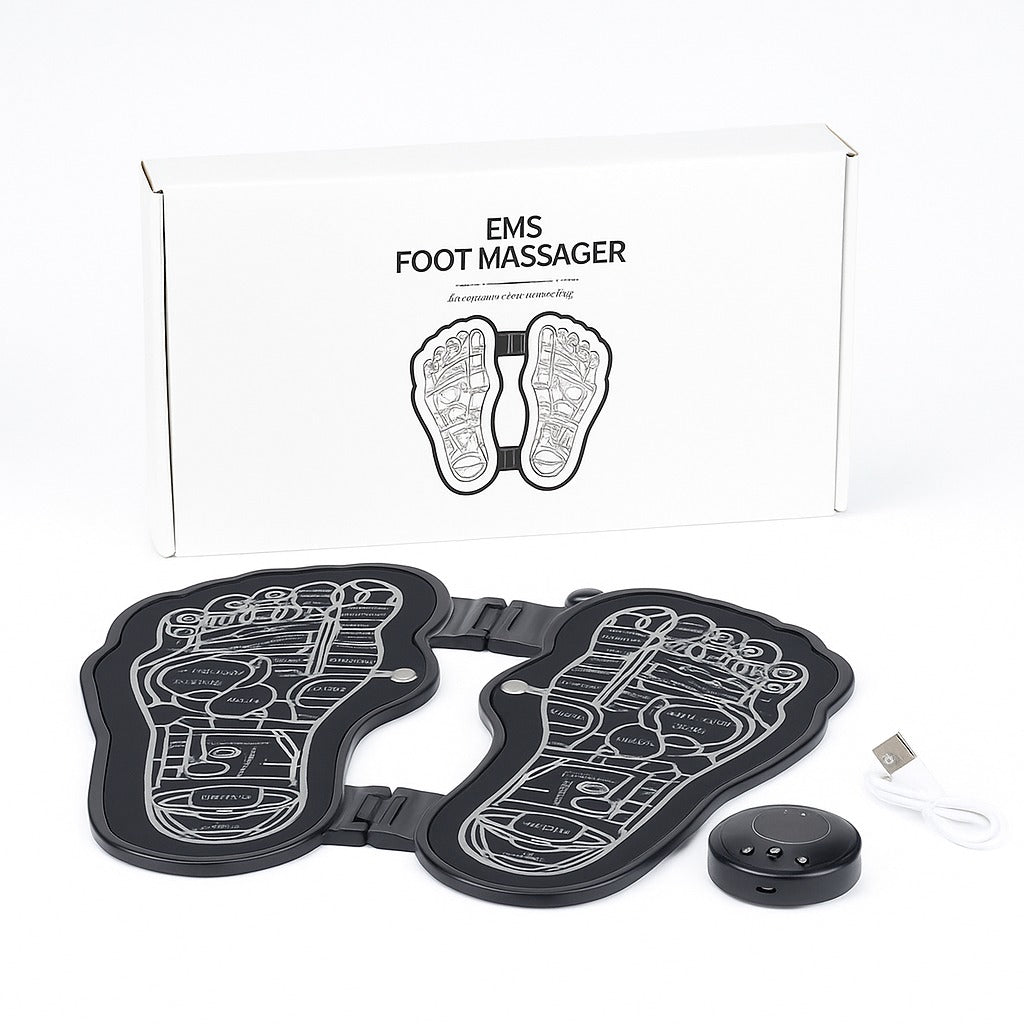 A digital photograph showcases an EMS (Electrical Muscle Stimulation) foot massager with a reflexology design, displayed alongside its product box, user manual, USB charging cable, and remote control.