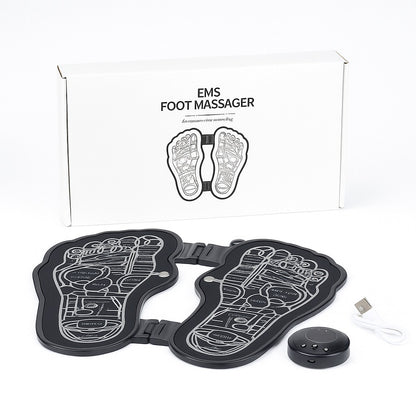 A digital photograph showcases an EMS (Electrical Muscle Stimulation) foot massager with a reflexology design, displayed alongside its product box, user manual, USB charging cable, and remote control.