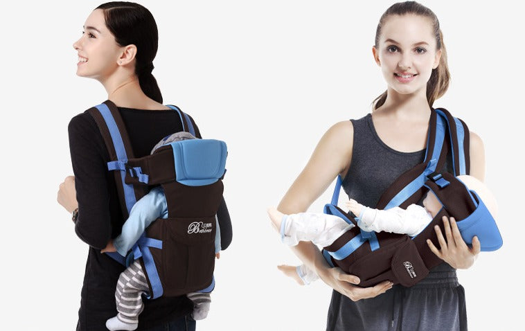 Parent showing back-carry and lying positions using the Four Seasons Baby Carrier for newborn comfort